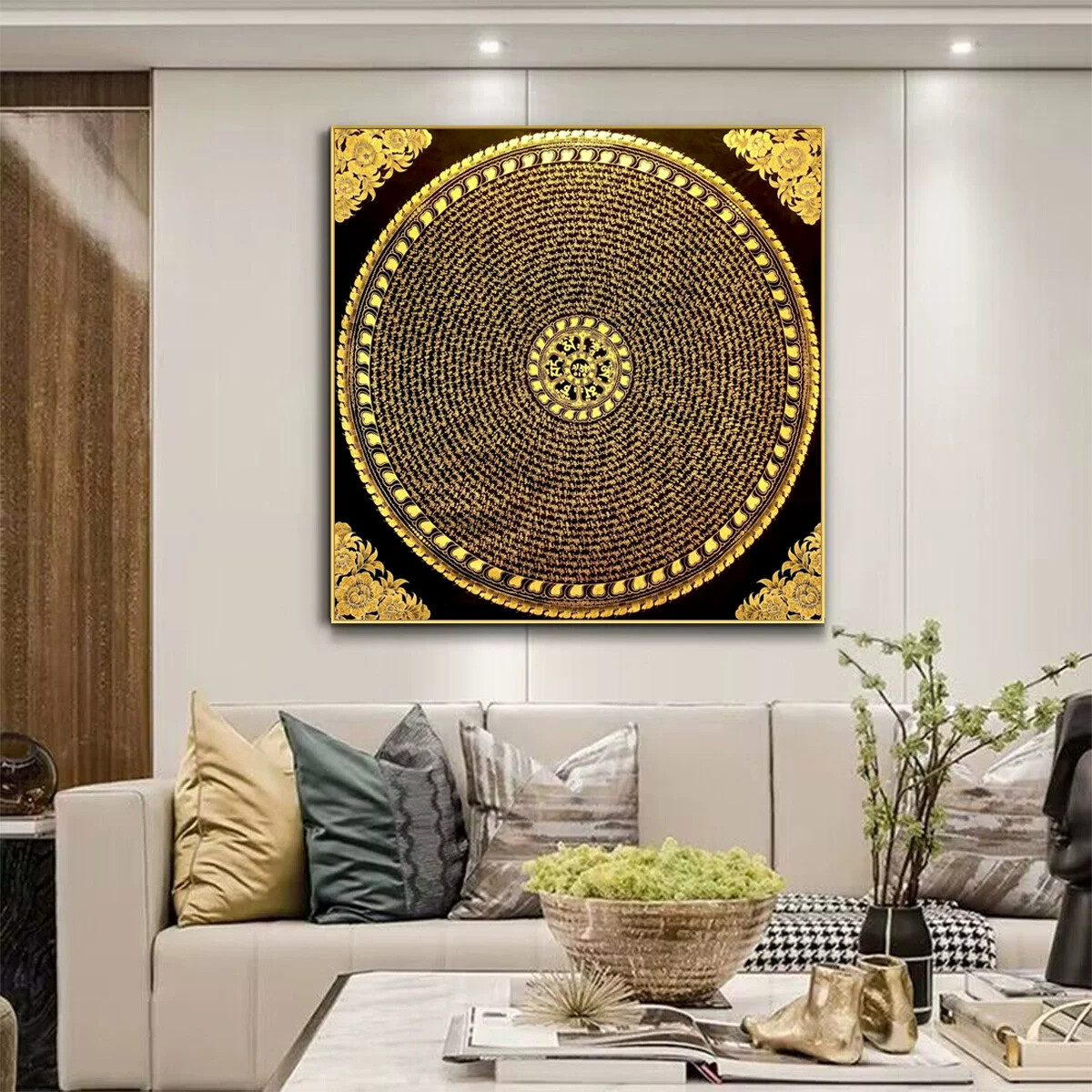 唐卡挂画六字真言心经玄关壁画坛城聚财西藏正方形描金装饰画镇宅