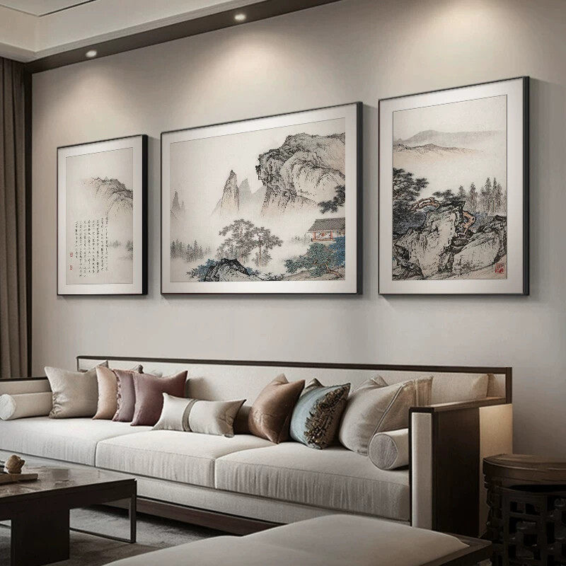 新中式客厅装饰画大气高级感沙发背景墙挂画三联古典山水国画壁画