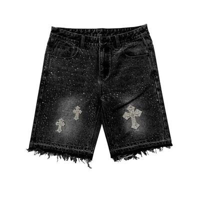 Vintage Cross Rhinestone Denim Shorts Y2K Retro Style Black
