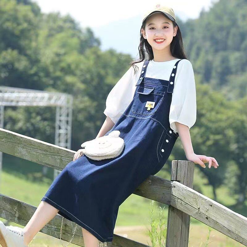 单/套装少女牛仔背带裙两件套初中学生夏季大童高中女生连衣裙