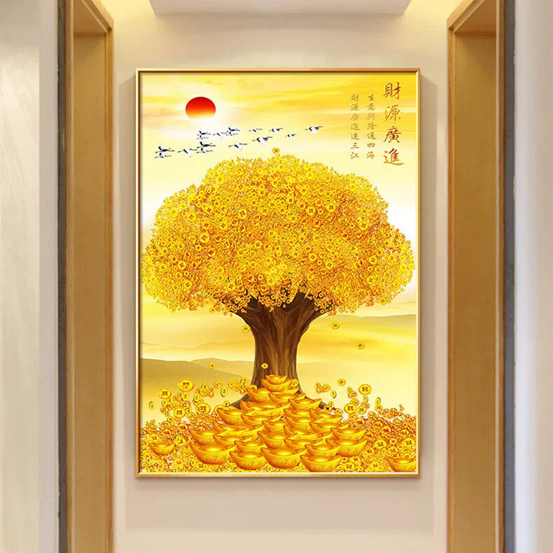 新中式玄关装饰画轻奢现代高档入户门正对墙挂画发财树壁画摇钱树