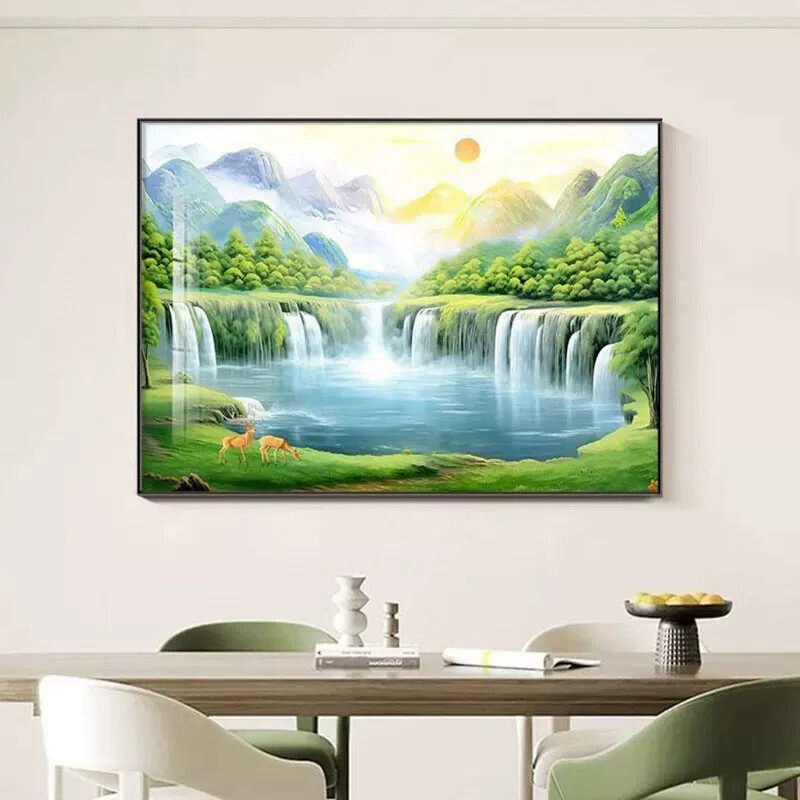 流水生财聚宝盆风景山水画客厅挂画餐厅装饰画现代简约卧室画壁画