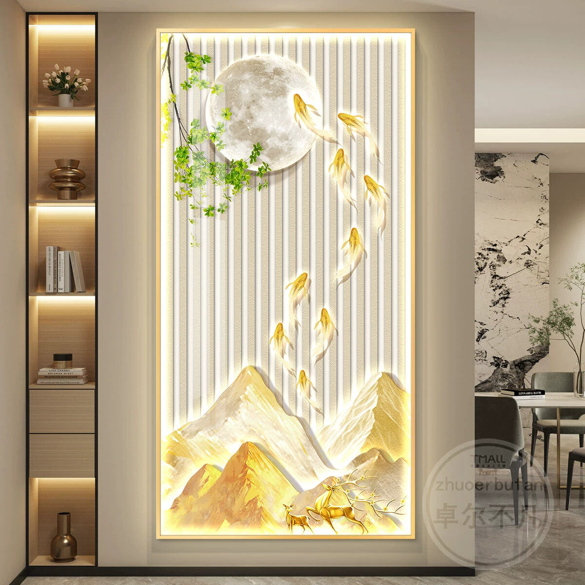 九鱼图轻奢led灯入户玄关装饰画走廊过道挂画壁画简约现代高级感