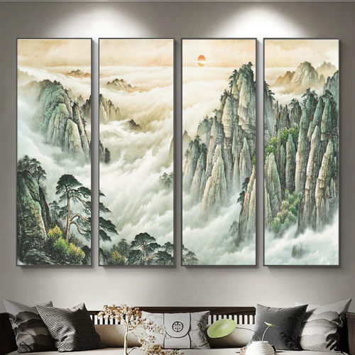 流水生财山水画装饰画中式客厅沙发背景墙挂画办公室靠山图四联画