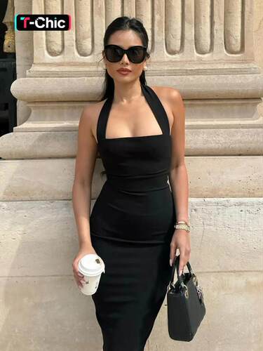 Womens Solid Backless Halter Neck Bodycon Dress Elegant