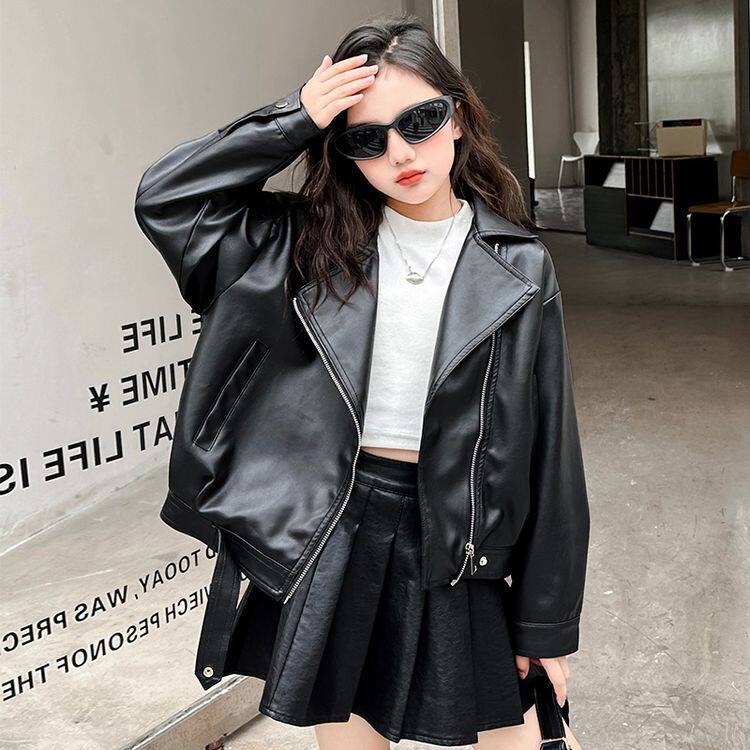 女童皮衣2025新款最春装PU软皮上衣韩系潮范炸街儿童皮衣夹克外套