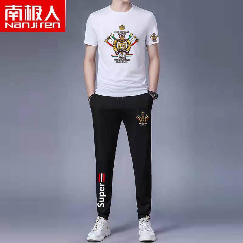 夏季新款莱卡纯棉男士长裤短袖T恤套装两件套高弹青年