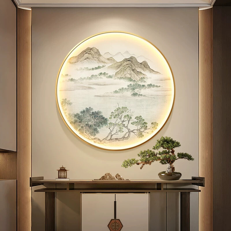 山水新中式禅意玄关装饰画发光LED灯画宋代美学国画圆形客厅餐厅图片