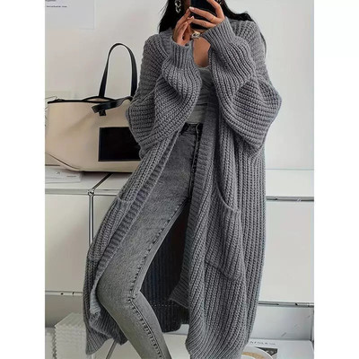 Solid Color Open Front Knitted Cardigan Casual Long Sleeve
