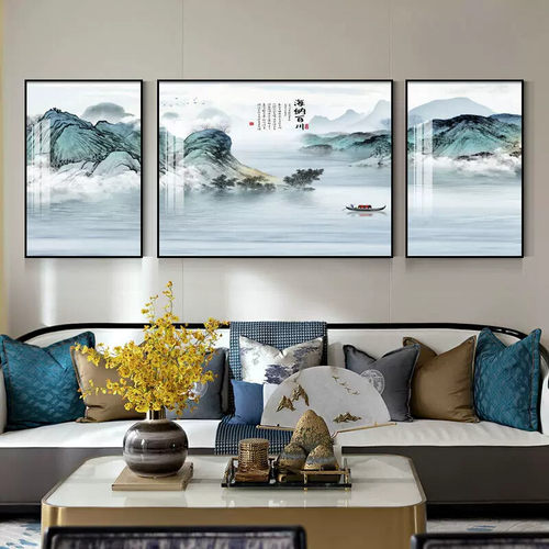 客厅装饰画中式山水画沙发背景墙轻奢墙画风景壁画挂画三联画字画