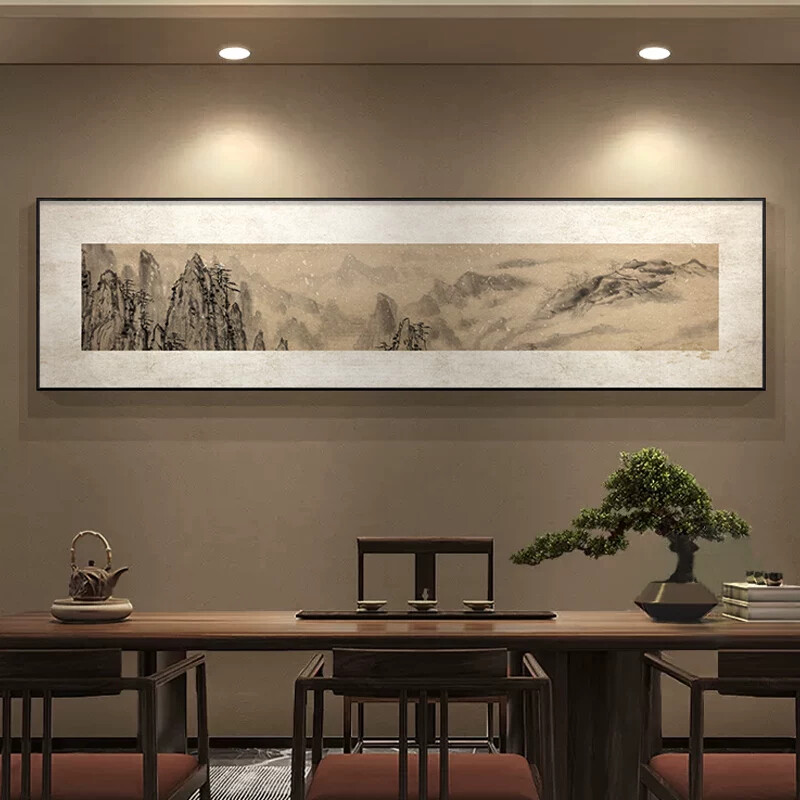 大画马良中式装饰画山水画客厅横幅挂画茶室办公室国潮背景墙壁画