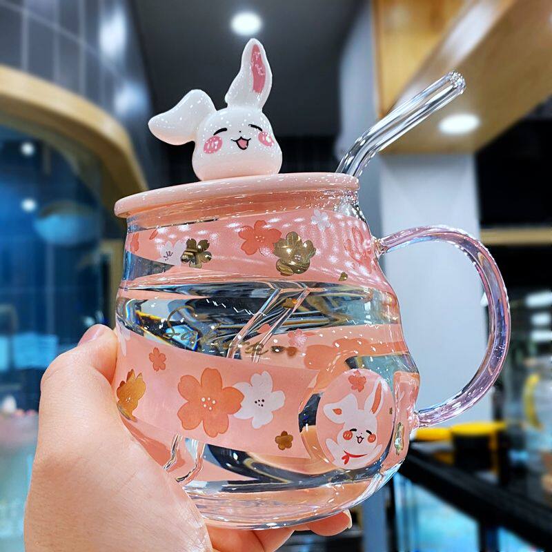 耐热玻璃杯夏季水杯子带盖吸管 ins可爱女生家用早餐泡花茶杯带把