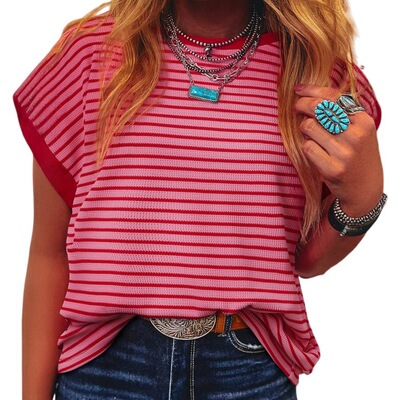 Asivivid Womens Striped Ribbed Knitted Drop Shoulder Round