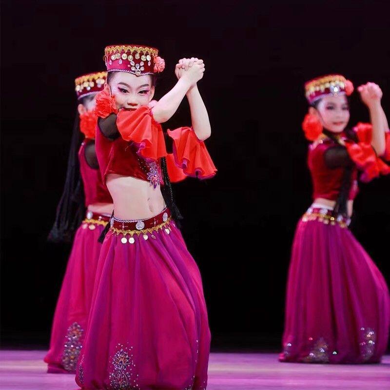 克孜力古丽儿童新疆舞蹈演出服维吾尔族女童少数民族大摆裙舞蹈服图片