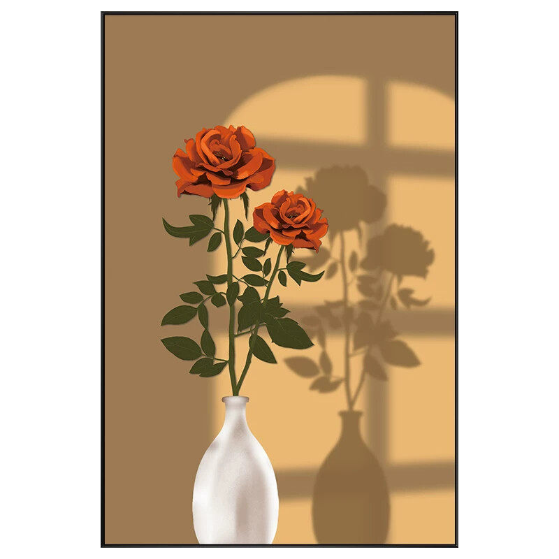 北欧原木风玫瑰绿植客厅装饰画高级感沙发背景墙玄关壁画落地挂画