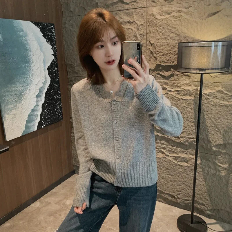 大码女装韩系灰色蕾丝v领假两件针织开衫毛衣春季内搭打底衫上衣