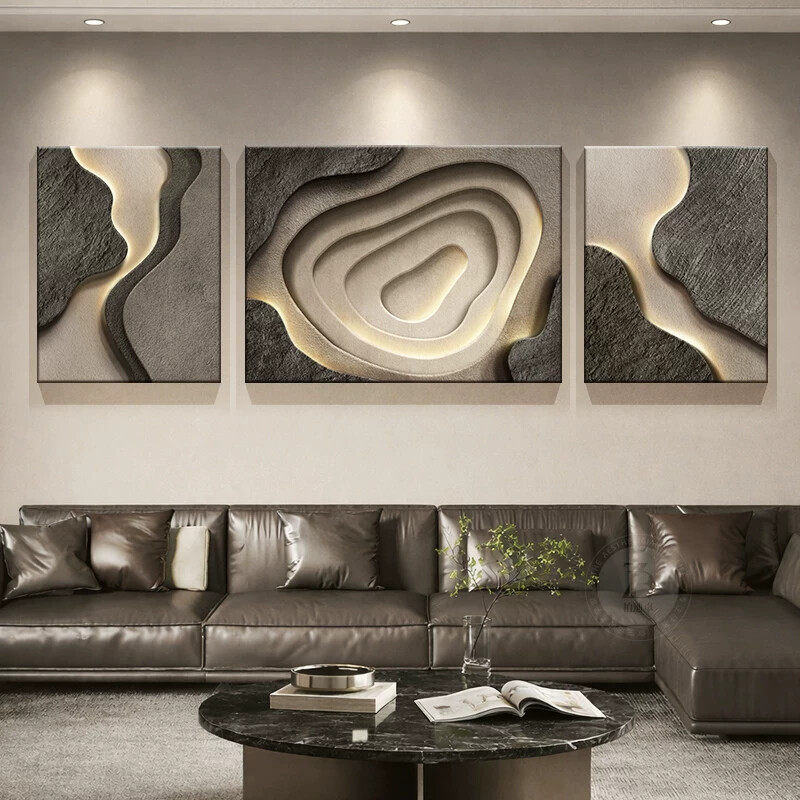 轻奢高级感客厅装饰画2026新款抽象几何沙发背景墙挂画立体三联画