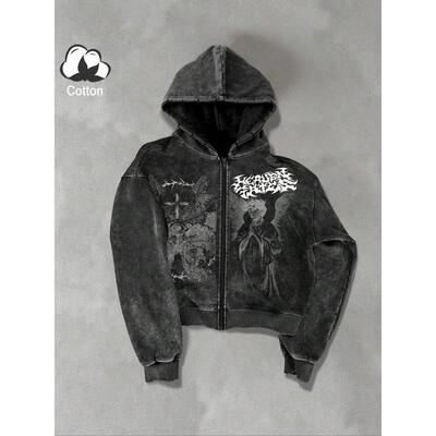 Cotton zip up hoodie with Gothic text angel cross and eye