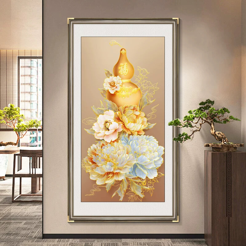 葫芦福字入户玄关装饰画新中式走廊过道挂画招财客厅竖版浮雕壁画