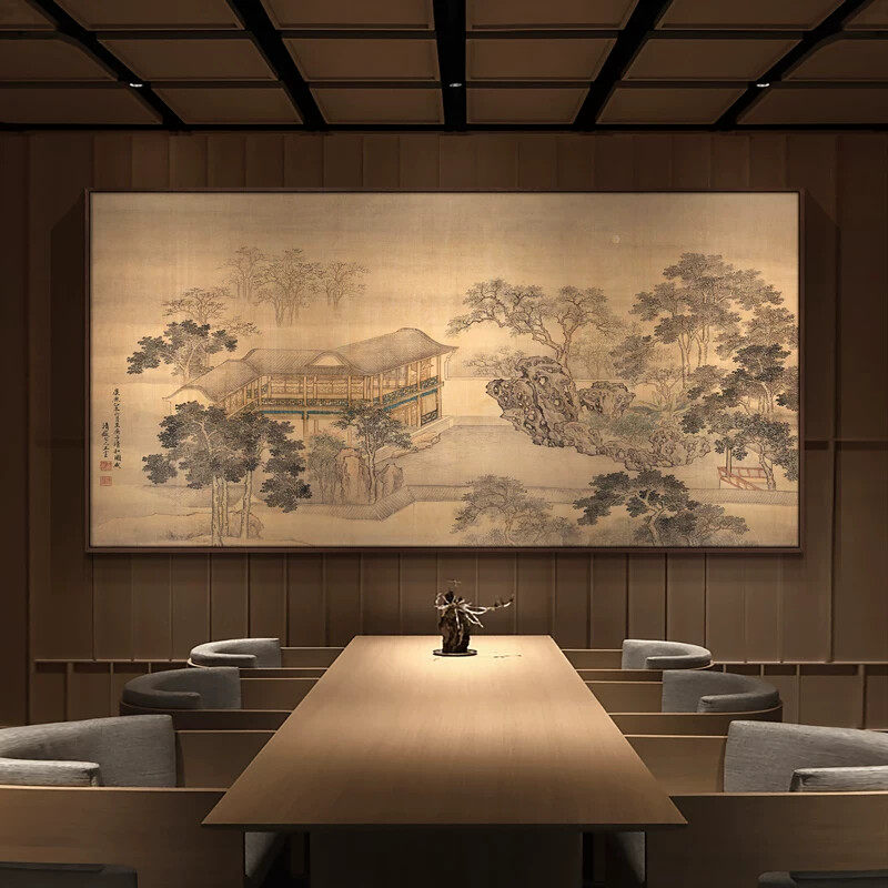 宋代美学四季山水图客厅背景墙挂画新中式饭店饭厅装饰画软装壁画