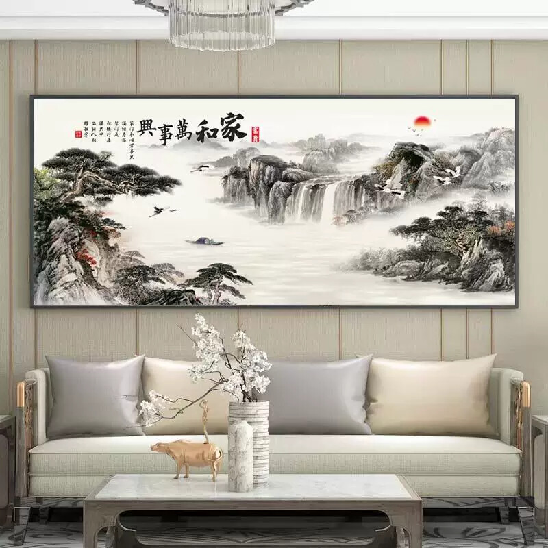 新中式山水画客厅挂画背景墙装饰画茶室壁画风景画国画办公室字画