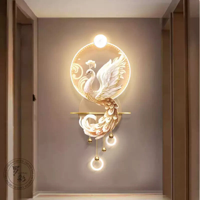 奶油风玄关装饰画孔雀走廊尽头创意壁灯挂画简约led立体发光壁画
