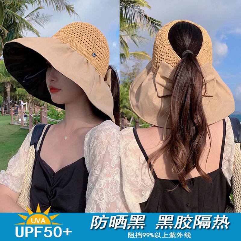 露头顶遮阳帽黑胶空顶帽子女夏季新款防紫外线遮脸太阳帽大帽檐渔