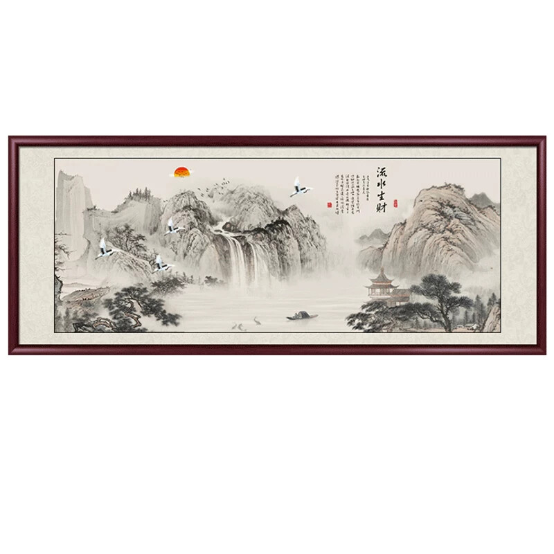 山水画客厅挂画办公室装饰画中式沙发背景墙实木国画水墨壁画字画