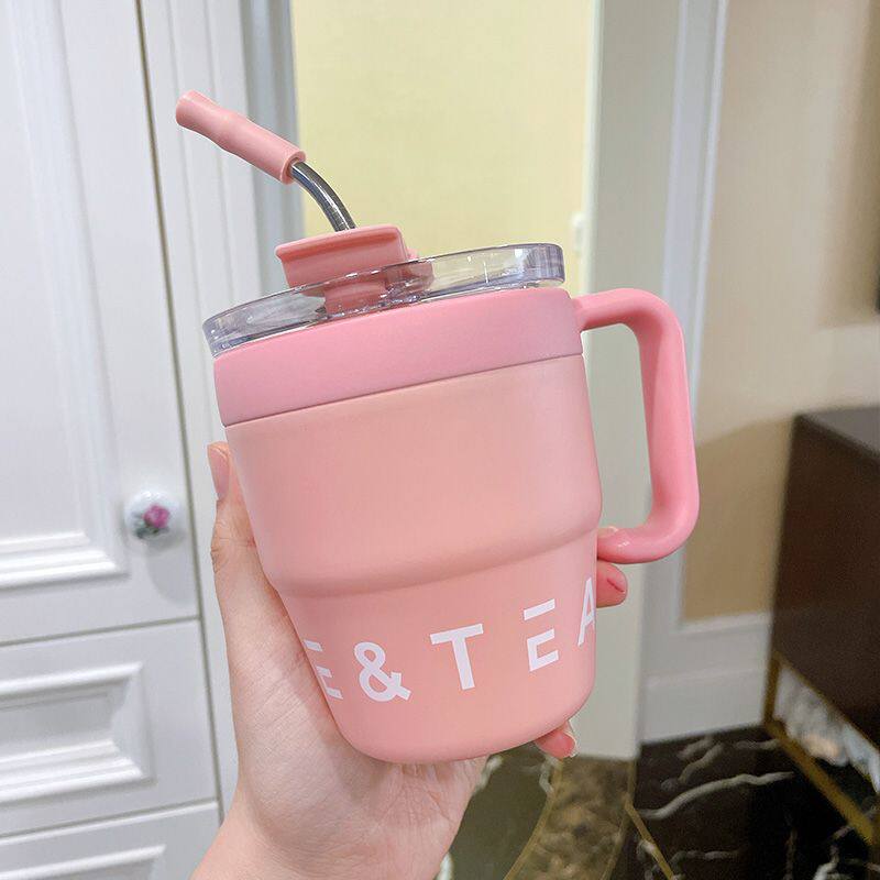 保温保冷咖啡杯不锈钢吸管杯办公室带手柄马克杯夏季高颜值情侣杯