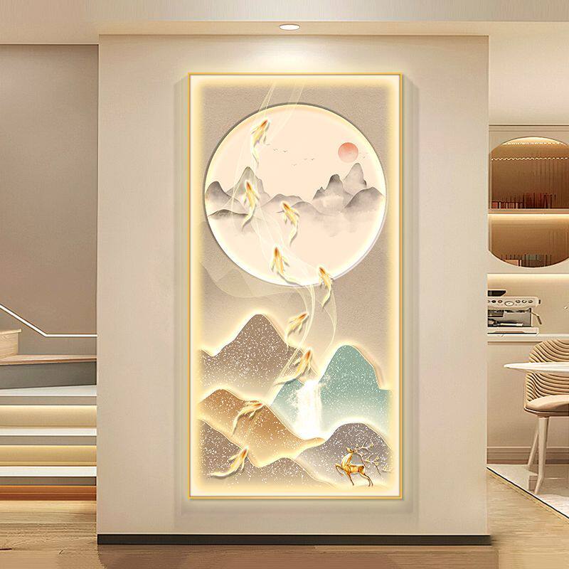 轻奢九鱼图入户玄关装饰画高级感发光灯画走廊过道挂画正对门壁画
