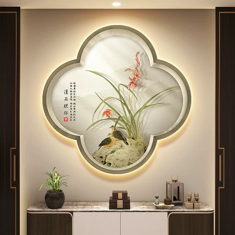 兰花鸟图入户玄关装饰画新中式梅兰竹菊茶室挂画假窗户走廊壁画灯