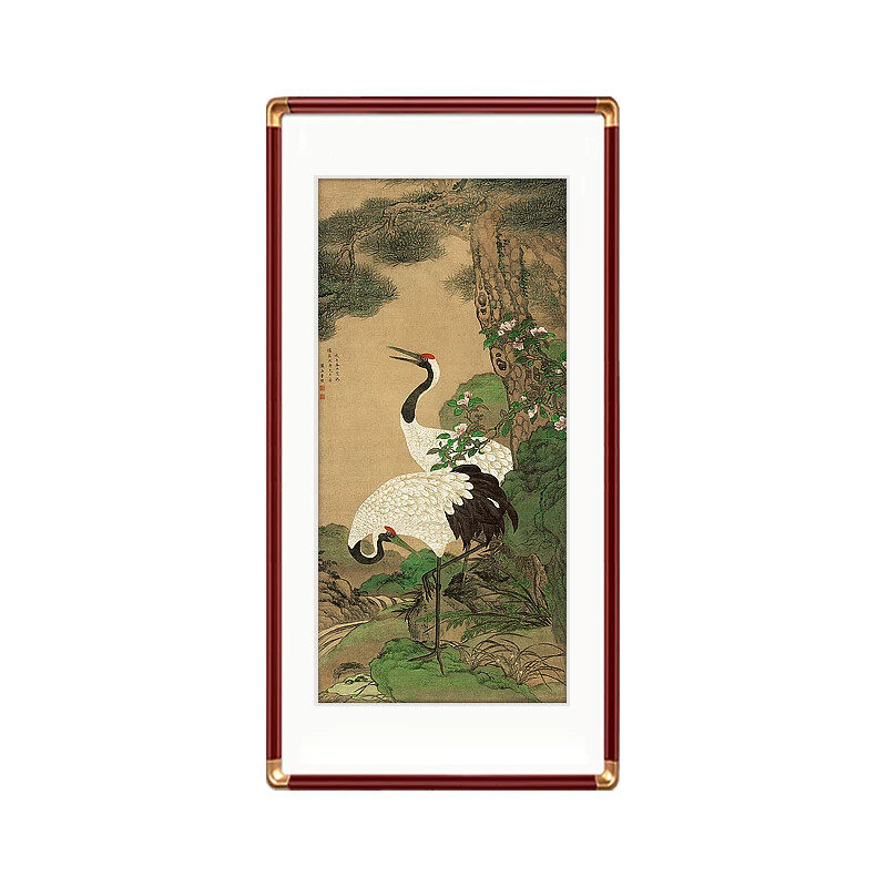 松鹤延年图挂画明童垲名画带框装裱玄关装饰画过道走廊客厅国画竖