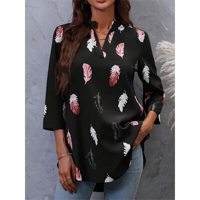 G 63061 V-neck Feather Print T-shirt 羽毛印花T恤 欧美跨境