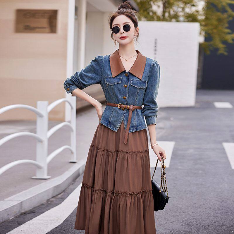 连衣裙套装女2024春秋新款长袖牛仔翻领上衣收腰显瘦半身裙两件套