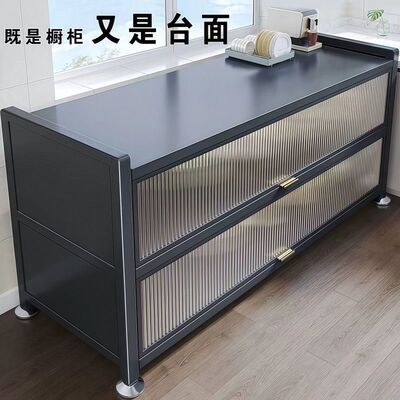 厨房靠墙一体收纳柜多功能碗碟置物架微波炉碳钢餐边柜橱柜储物柜
