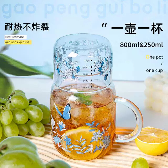 耐热大容量蝴蝶带把手玻璃杯高硼硅煮茶泡茶壶果饮杯牛奶杯
