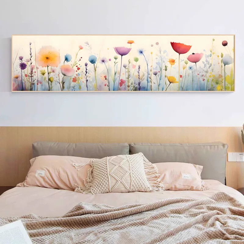 北欧风格床头装饰画花卉治愈系客厅背景墙壁画横版温馨卧室画挂画