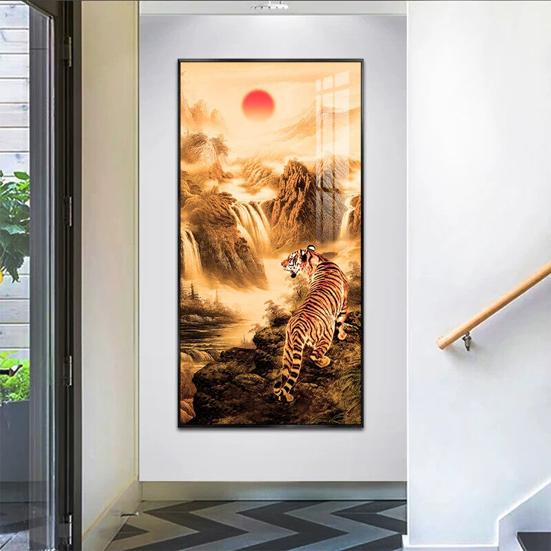 中式上山虎挂画客厅入户玄关走廊楼梯装饰画老虎画猛虎下山图壁画
