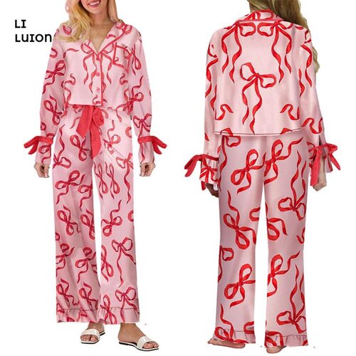 Women Valentines Pajamas Bow Print Lape Long Sleeve Button