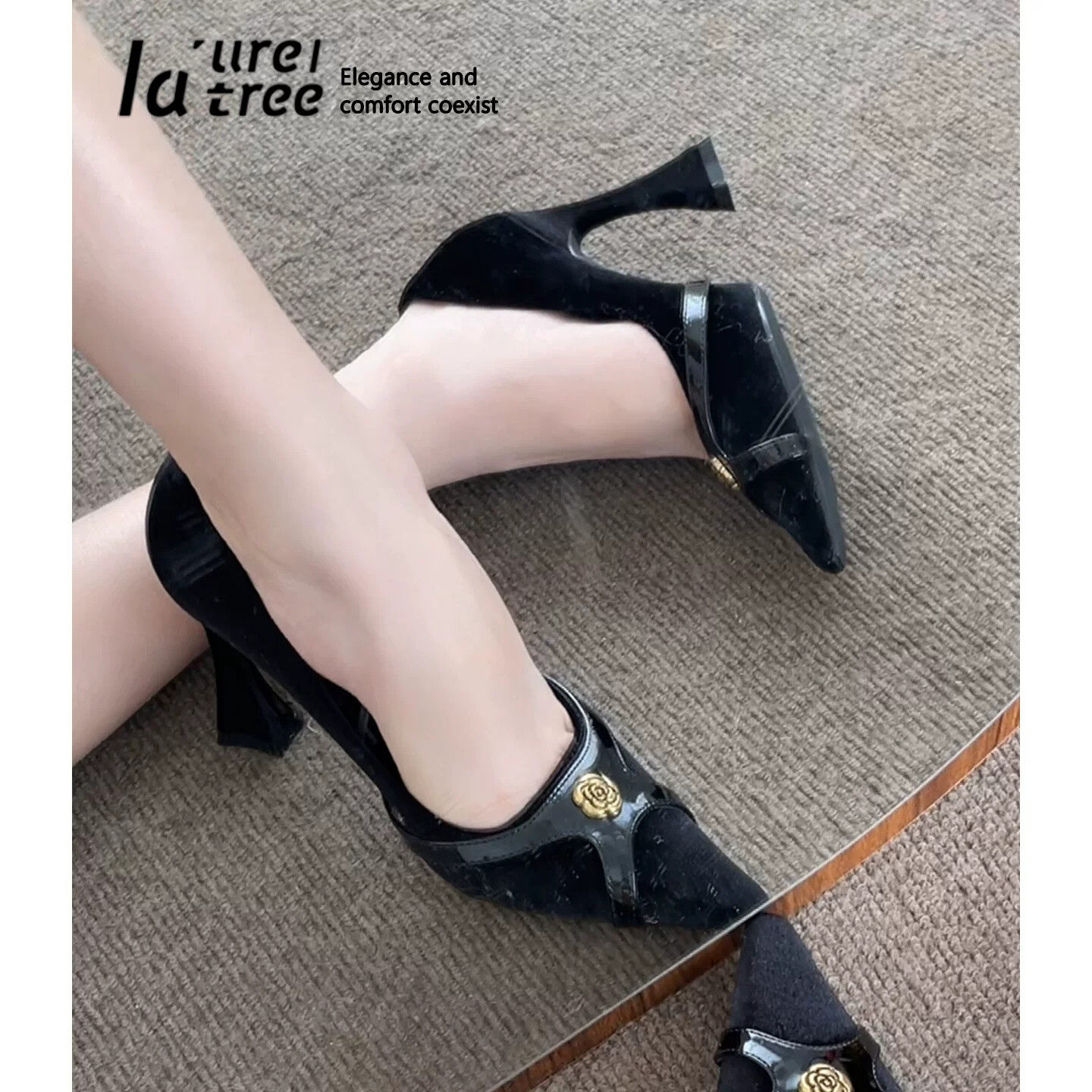 夏娃的新鞋小众设计感黑色丝绒粗跟高跟鞋女浅口山茶