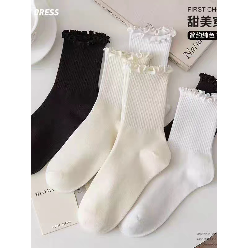 春夏日系木耳边中筒堆堆袜3双装