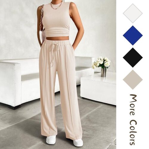 Women Summer Two Piece Outfits Ribbed Knit Crew Neck