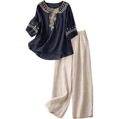 X 98785 Linen Embroidery Two-piece Set 棉麻刺绣两件套装