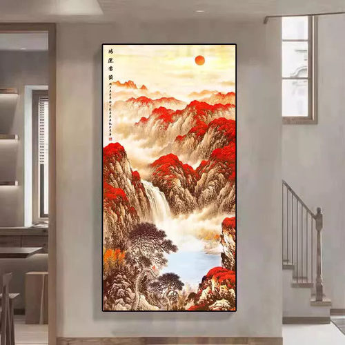 鸿运当头入户玄关装饰画走廊过道山水挂画流水生财壁画旭日东升画