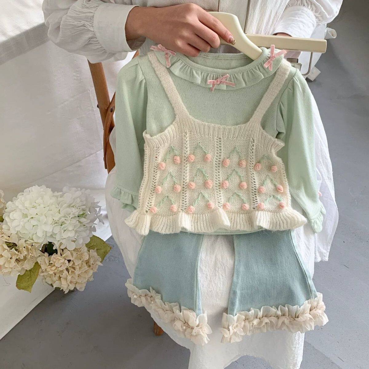 女童套装韩版蝴蝶结打底衫甜美春秋季宝宝洋气新款儿童牛仔裤春装