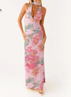 Women Satin Halter Maxi Dress Yellow Deep V Neck Floral