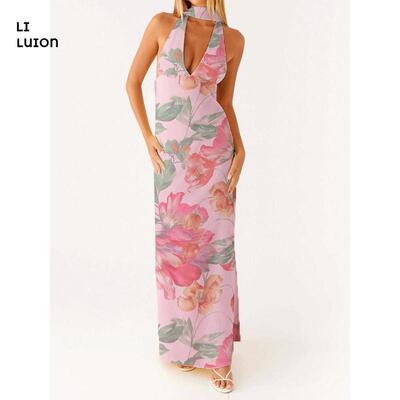 Women Satin Halter Maxi Dress Yellow Deep V Neck Floral