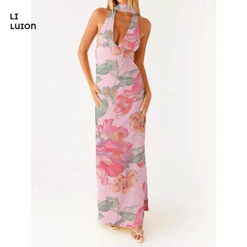 Women Satin Halter Maxi Dress Yellow Deep V Neck Floral