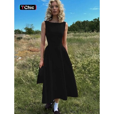 Womens Plain Backless Boat Neck A Line Dress Elegant