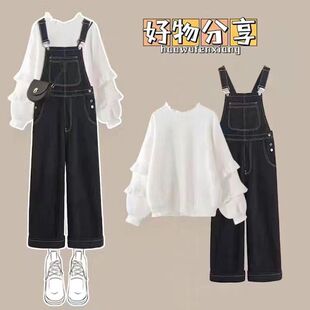 2023春秋套装女学生韩版宽松设计感上衣+牛仔背带裤学院风两件套
